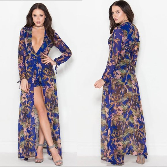 ASOS Pants - LUXXEL Blue Floral Chiffon Romper Maxi Kimono